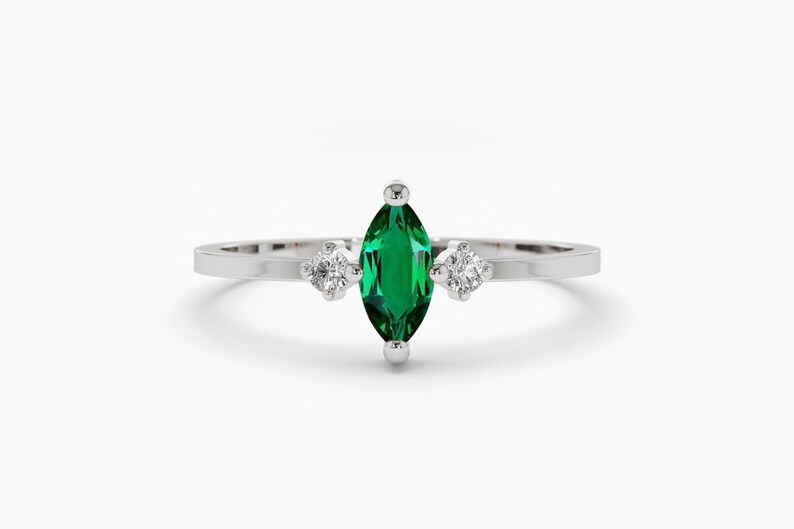 14k Stackable Natural Emerald Ring Marquise Emerald Ring and Diamond Ring Dainty Emerald Ring Genuine Emerald Ring May Birthstone