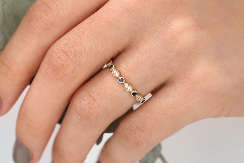 14k Gold Art Deco Sapphire and Diamond Half Eternity Womens Wedding Ring / Stackable Sapphire Diamond Ring / September Birthstone Ring