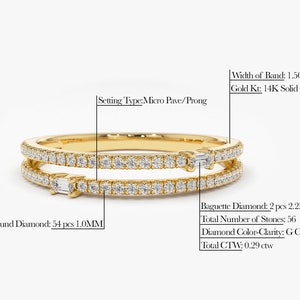 14k Gold Double Row Micro Pave Ring with Baguette Diamonds Detailed View