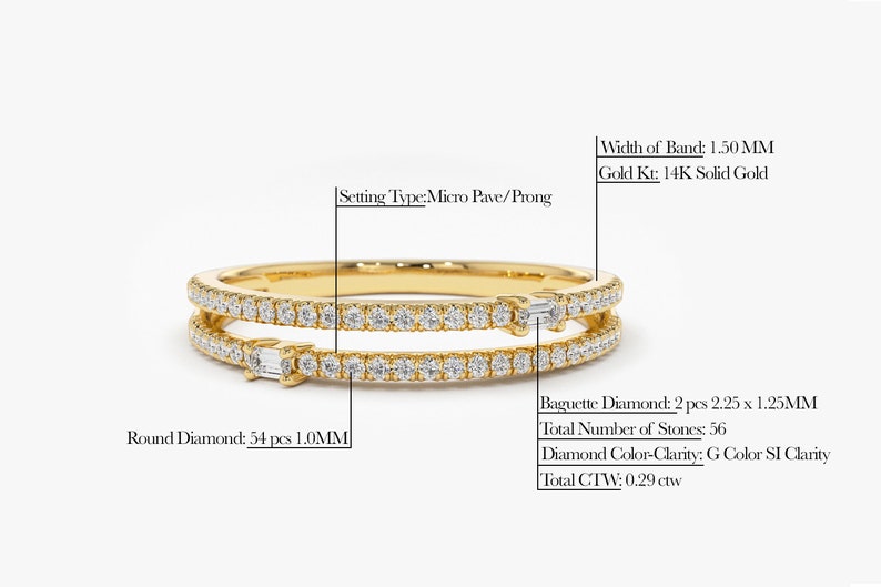 14k Gold Double Row Micro Pave Ring with Baguette Diamonds Detailed View