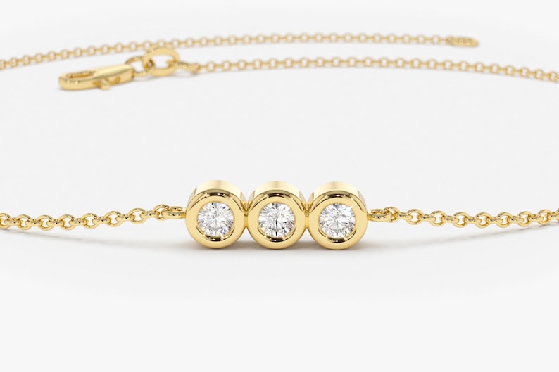 14k Solid Gold  bezel setting Trio Diamond Bracelet Close View