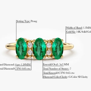 14k Solid Gold Natural Genuine Emerald and Diamond Ring Measurements