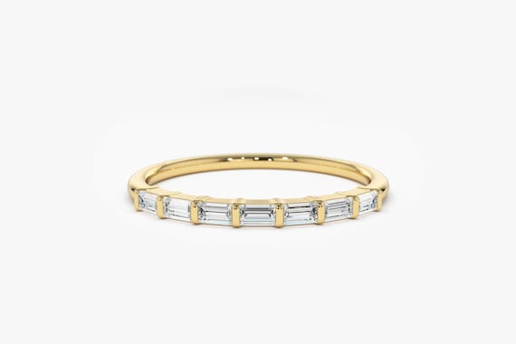 Baguette Wedding Band / 14k Gold 7 Stone Baguette Diamond