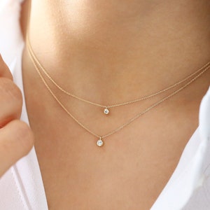 Diamond Bezel Necklace / 14k Rose Gold Dangling Diamond Necklace / Brilliant Cut Real Diamond Necklace / Birthday Gift