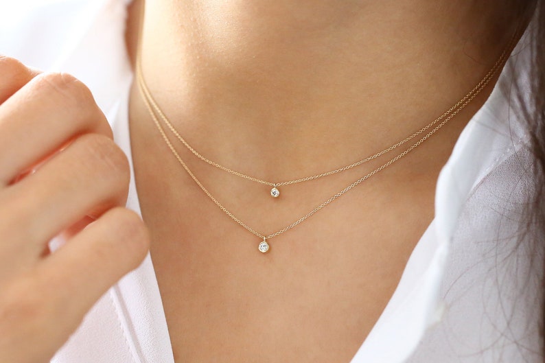 Diamond Bezel Necklace / 14k Rose Gold Dangling Diamond Necklace / Brilliant Cut Real Diamond Necklace / Birthday Gift