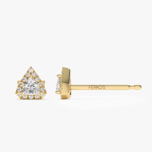 14k Gold Natural Trilliant Diamond with Halo Setting Stud Earrings Side View