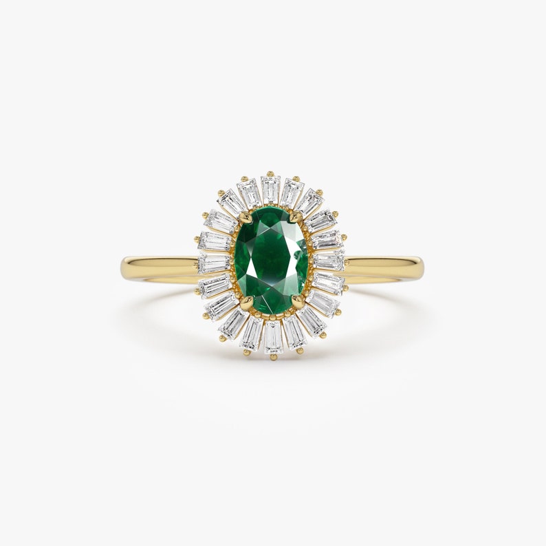 Unique Emerald Ring, 14k Oval Emerald and Baguette Diamond Ring, Baguette Diamond Halo Emerald ring, Oval Shaped Birthstone Engagement ring 14k Gold