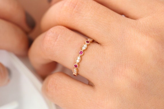 14k Gold Art Deco Ruby and Diamond Half Eternity Womens Wedding Ring / Stackable Ruby Diamond Ring / July Birthstone Ring, Mothers day Sale