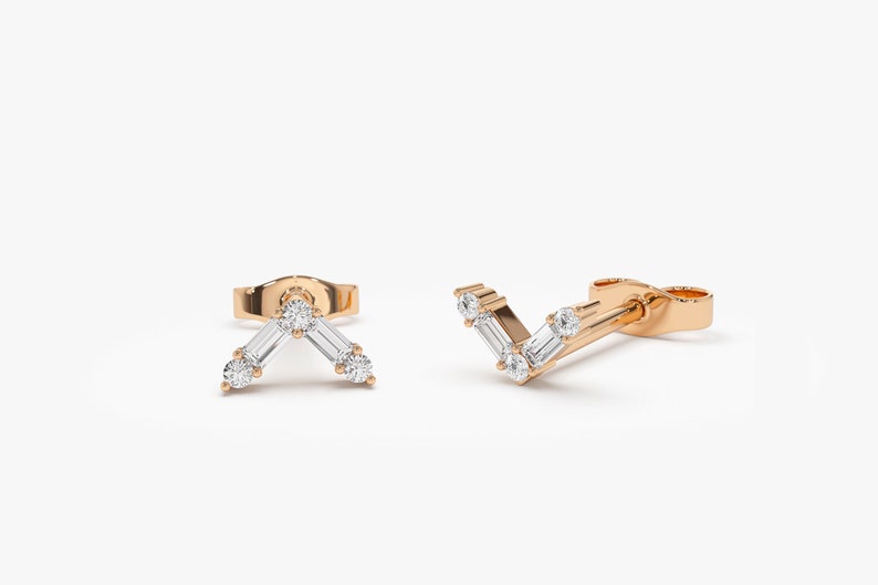 14k Rose Gold Baguette and Round Diamond Dainty Earrings