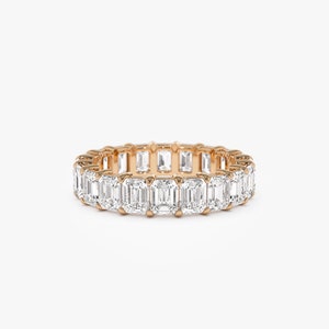 Emerald Cut Wedding Ring, 4.5 ctw 14k Rose Gold Prong Setting Full Eternity Emerald Lab Grown Diamond Ring