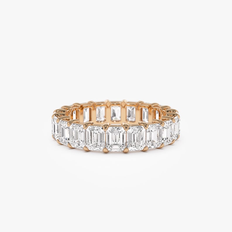 Emerald Cut Wedding Ring, 4.5 ctw 14k Rose Gold Prong Setting Full Eternity Emerald Lab Grown Diamond Ring