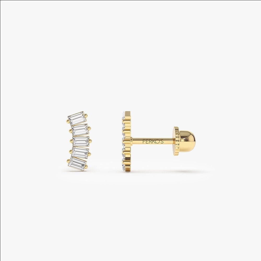 Helix Piercing /  14k Gold Baguette Diamond  Screw Back Cartilage Piercing / Diamond Tragus Piercing by Ferkos Fine Jewelry