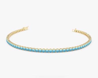 Turquoise Bracelet / 14k Gold Prong Setting Turquoise Tennis Bracelet / Multi stone Turquoise layering bracelet / December Birthstone