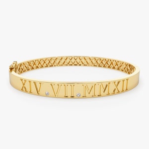 Personalized Gold Bangle Bracelet, 14K Roman Numeral Bracelet, Personalized Date Bracelet,  Coordinate Bracelet, Stacking Bangle Bracelet