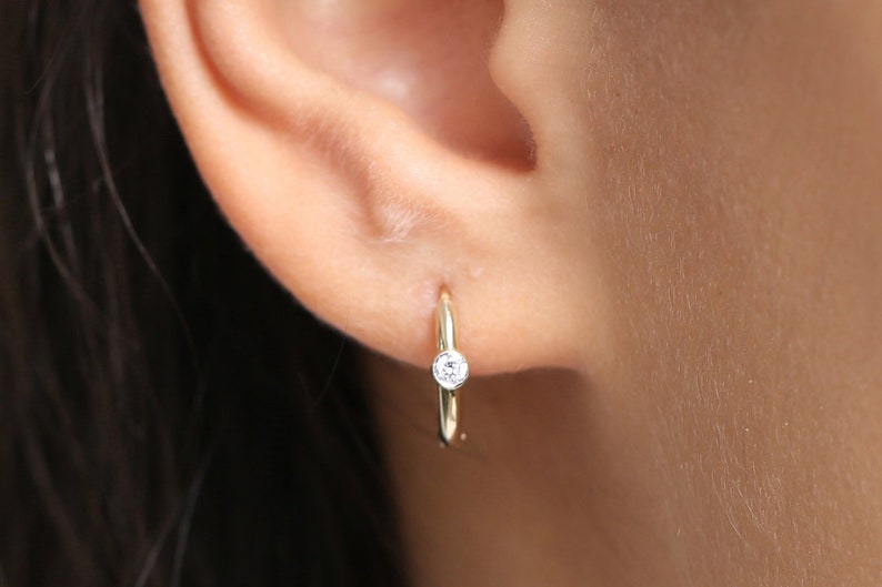 Diamond Hoops Earrings \/ 14K Gold Single Bezel Set Diamond Hoops  \/ Diamond Earrings \/ Gold Hoop  available in Gold, Rose Gold, White Gold