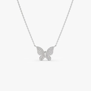 14k White Gold Pave Diamond Butterfly Pendant Necklace