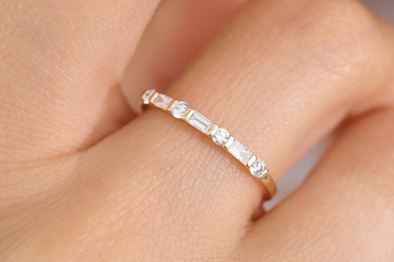 Alternating Baguette and Round Diamond Wedding Ring in 14k Gold by Ferkos Fine Jewelry