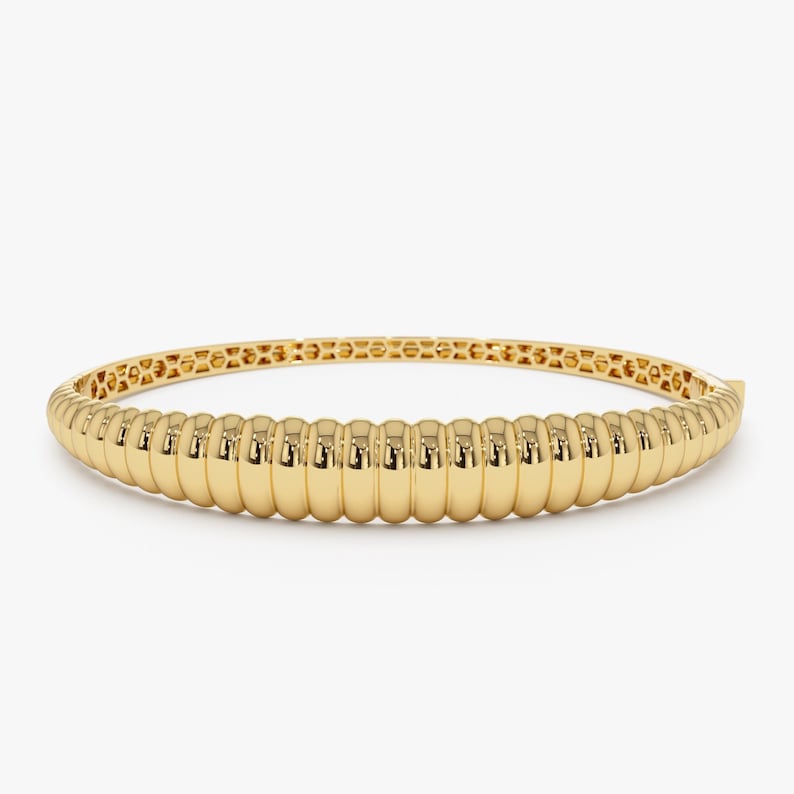 14K Solid Gold Bracelet, Chunky Gold Bangle, Stacking Gold Ribbed Bracelet, Statement Dome Bracelet, Stackable Bracelet, Birthday Gift