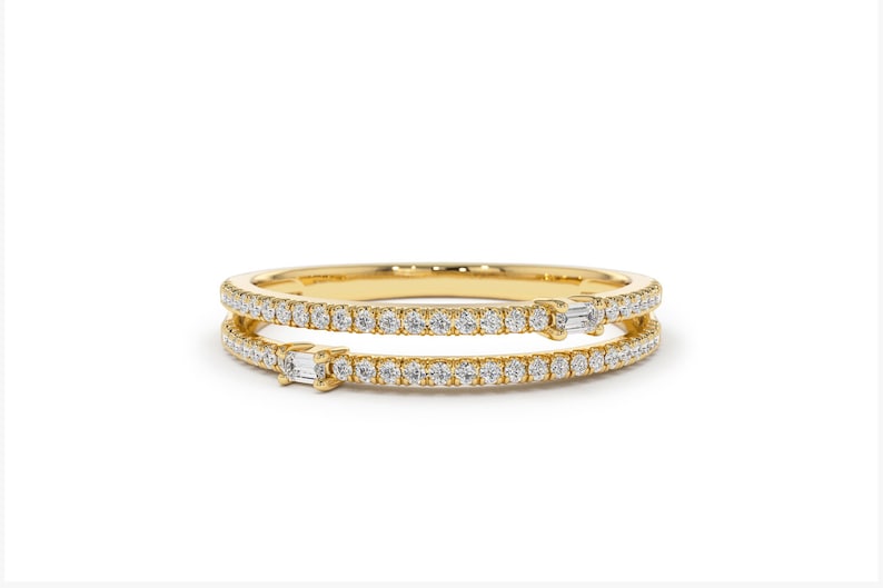 14k Gold Double Row Micro Pave Ring with Baguette Diamonds