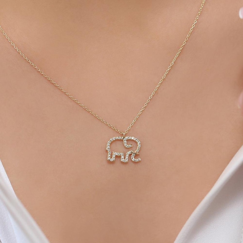 Elephant Necklace / Diamond Elephant Charm Necklace in 14k Gold / Gold Necklace / Baby Elephant / Lucky Charm Necklace / Animal Necklace