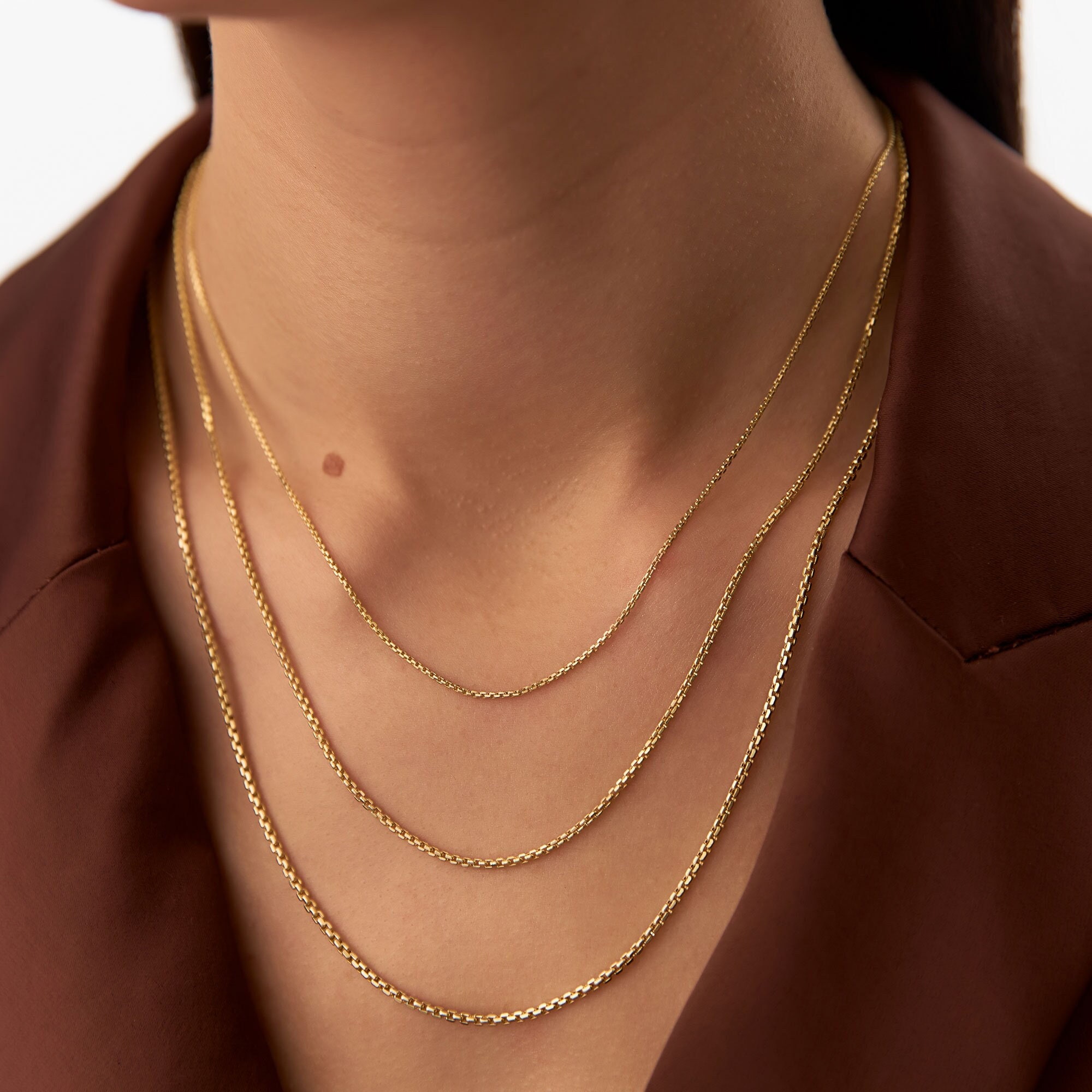 Box Chain, 14K Solid Gold Box Chain Necklace, 1.25mm, 1.75mm, 2.00mm Gold Layering Box Chain, Dainty Box Chain Necklace for Men and Women
