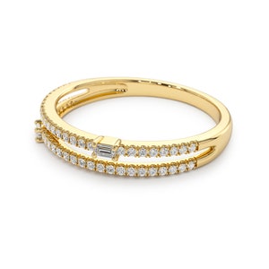 14k Gold Double Row Micro Pave Ring with Baguette Diamonds Angle View