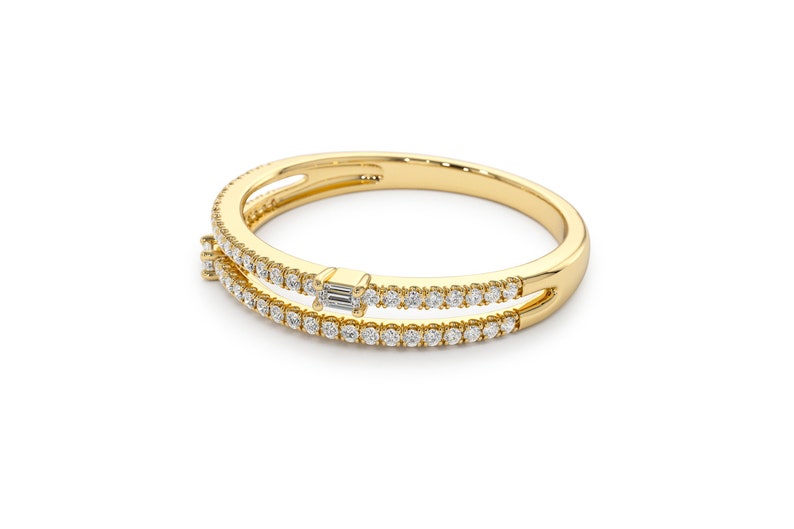 14k Gold Double Row Micro Pave Ring with Baguette Diamonds Angle View