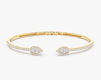 Open Cuff Baguette Diamond Bangle Bracelet in 14k Solid Gold, Baguette and Round Diamond Bracelet, 14K Gold Bangle Bracelet, Natural Diamond