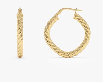 Pendientes de oro, aros cuadrados de cuerda retorcida de 14 k, aros gruesos de cuerda retorcida de 27 m, aros de cuerda llamativos para mujer