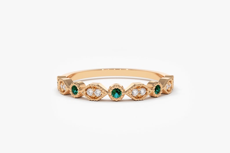 14k Rose Gold Stackable Emerald Diamond Ring