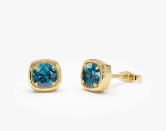 London Blue Topaz Stud Earrings, 14k Gold Round Cut Cushion Bezel Studs, December Birthstone Earrings, Minimal Jewelry Birthday Gift for Her