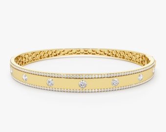 14K Diamond Bangle Bracelet, Round Diamond Bracelet, 14K Gold Bangle, Real Gold Bracelet Bangle, Diamond Statment Bracelet, Anniversary Gift
