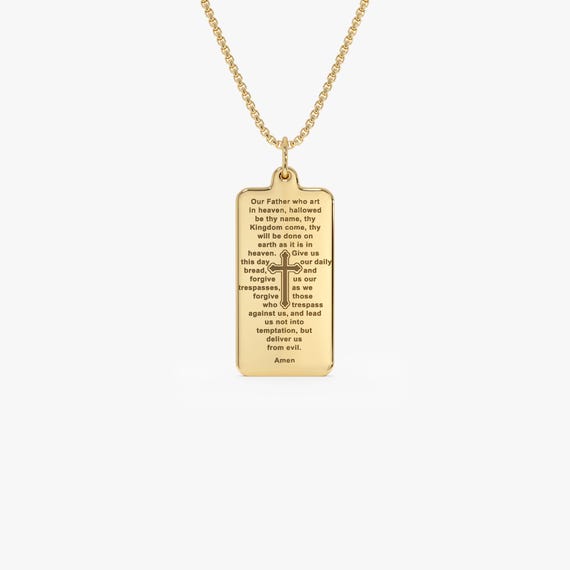 Lord’s Prayer Necklace, 14k Gold Religious Tag Pendant, Engraved Prayer Necklace, Christian Jewelry for Men & Women, Religious Gift