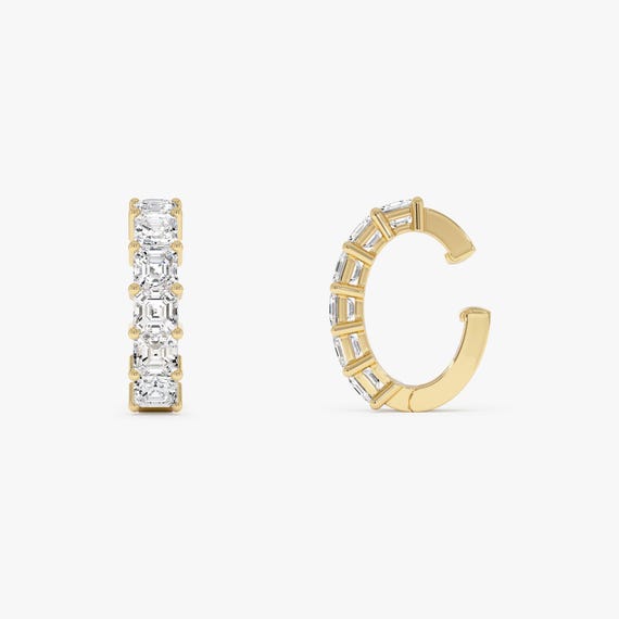 Asscher Cut Diamond Huggie Hoop Ear Cuff in 14k Gold, Lab Grown Diamond Hinged Earcuff, Conch Helix Piercing, Gift for Her, Single Ear Cuff