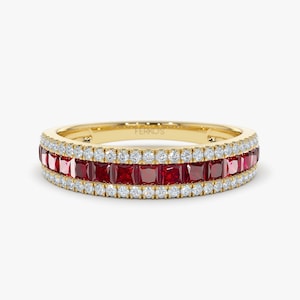 Ruby Ring / 14k Solid Gold Half Eternity Square Ruby and Round ...