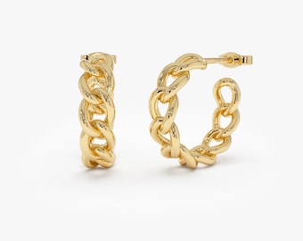 14k Gold Chain Link Hoop Earrings, Bold Statement Jewelry