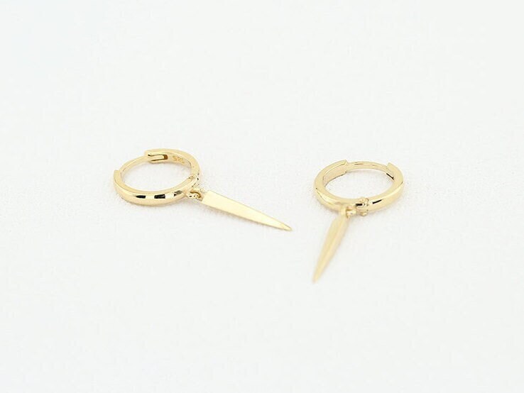 Sterling Silver Huggie Earrings - Small Spike Design 14k Gold Plated 10mm