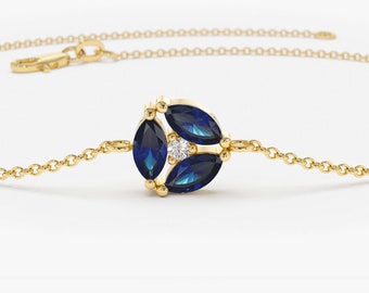 Blaues Saphir Armband / Echtes Saphir Armband aus 14k Gold / Einzigartige Saphir Diamant Armband Kette / September Geburtsstein / Push Geschenk