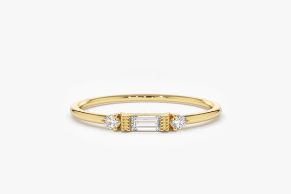 14k Solid Gold Twined Baguette Ring Minimalist Ring Stackable Ring Simple Ring Thin Ring Chic Gold Ring Gift for Her Designer Ring