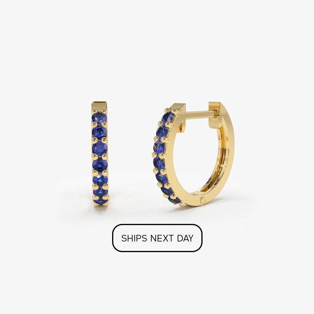 Natural Sapphire Earrings / Huggie Earrings / 14k Gold 10MM Sapphire Huggie Hoop Earrings / Small Hoop Sapphire Earrings / Jewelry Gift