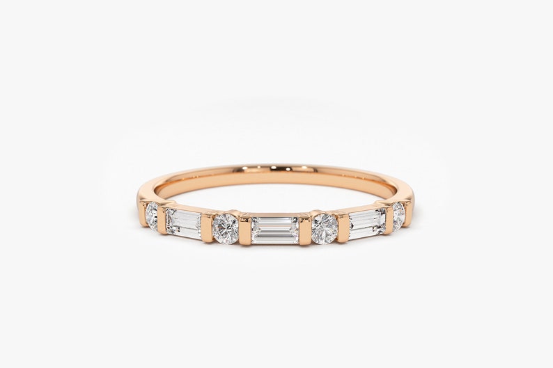 14K Rose Gold Alternating Baguette and Round Diamond Wedding Ring