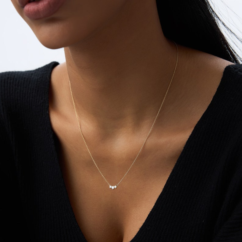 Classic Trio Diamond Necklace, 14k Gold Diamond Necklace 0.26 Ctw, Past Present Future, Prong Setting 3 Stone, Gift for Mom