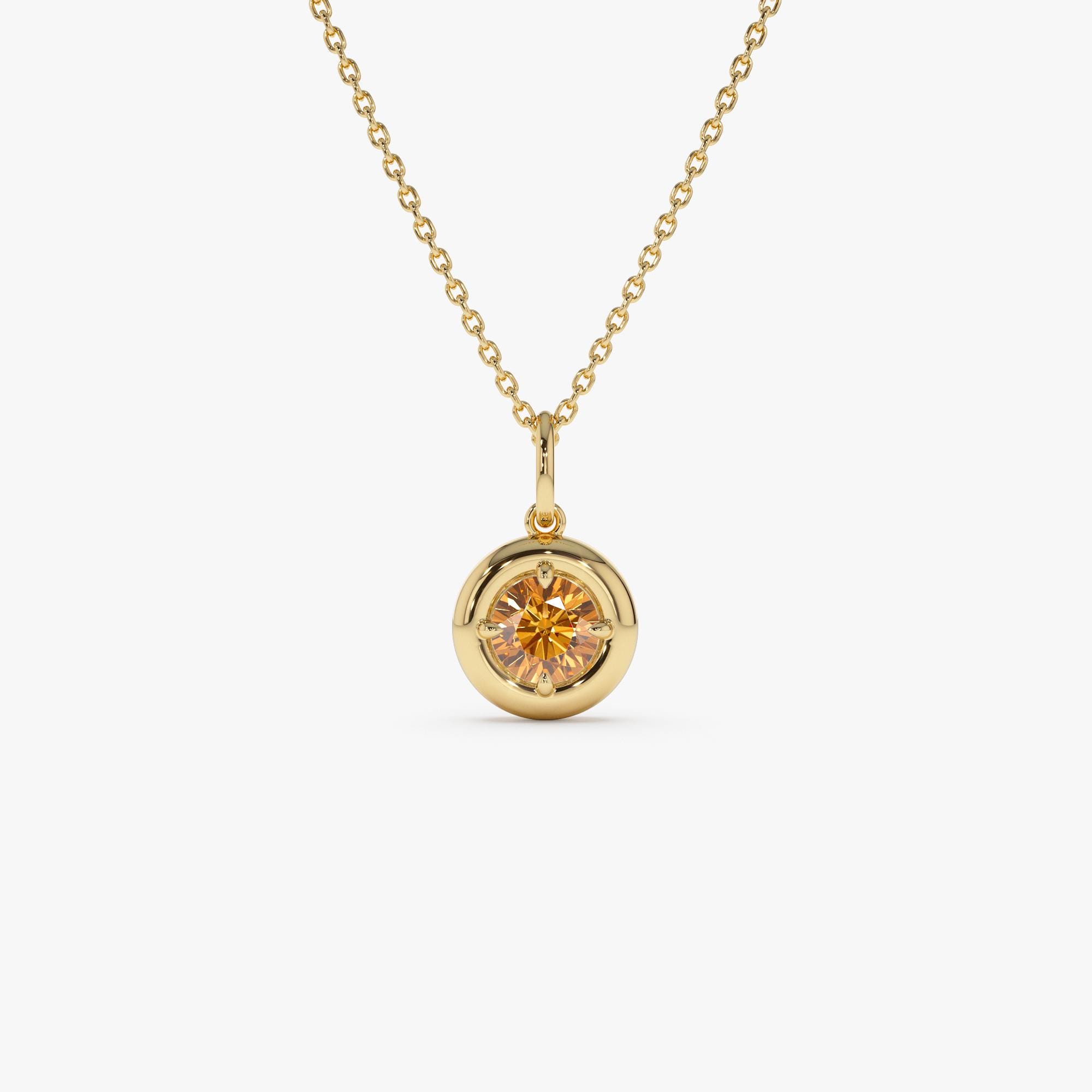 14K Gold Round Citrine Necklace, November Birthstone Pendant, Dainty Yellow Gem Charm, Bezel Set Minimalist Jewelry
