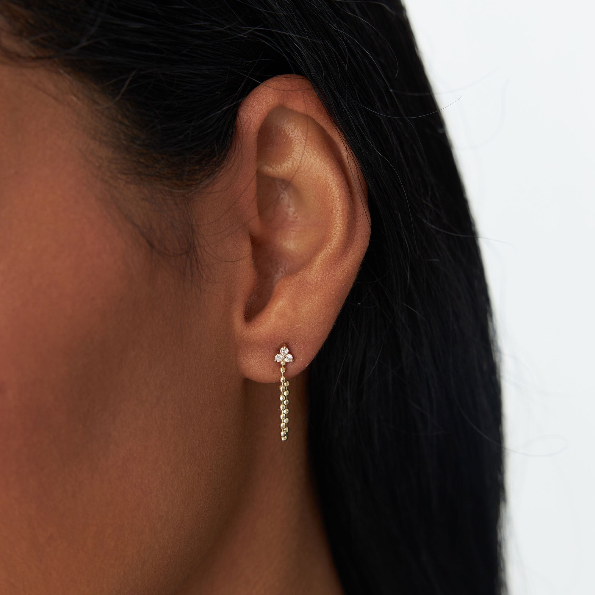 14K Trio Diamond Earring, Gold Beaded Chain Earring Studs, Minimalist Chain Earrings, Diamond Chain Piercings, Last Minute Gift Ideas