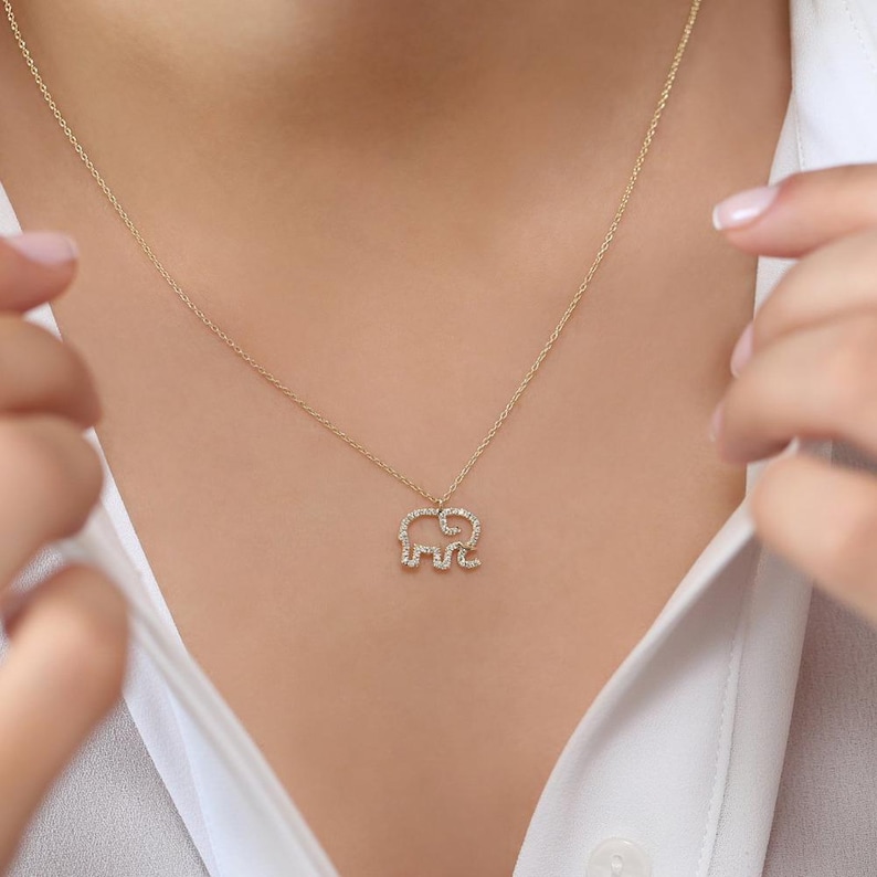 Elephant Necklace / Diamond Elephant Charm Necklace in 14k Gold / Gold Necklace / Baby Elephant / Lucky Charm Necklace / Animal Necklace