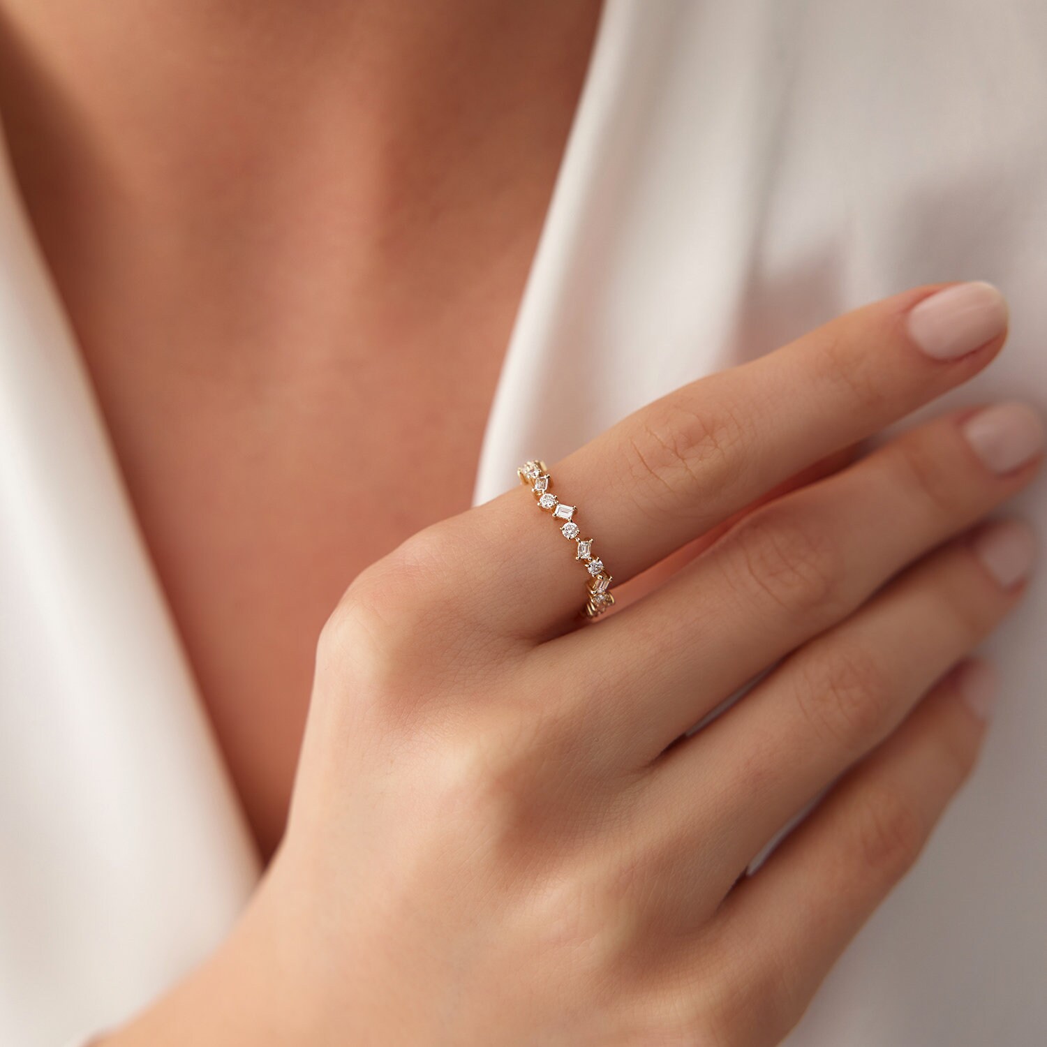 14k Gold Eternity Band: Baguette & Round Diamond Wedding Ring - Etsy