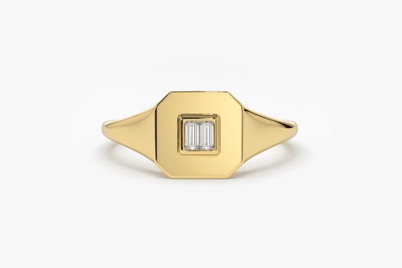 Baguette Diamond Pinky Ring in 14k Solid Gold Diamond Signet