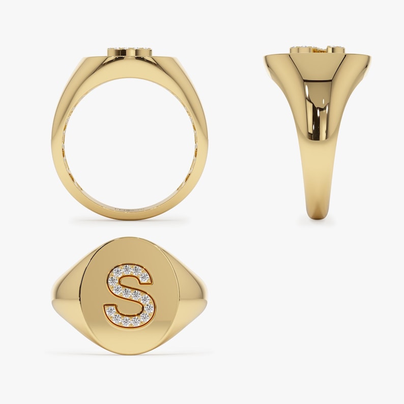 14K Solid Gold Personalized Oval Shape Diamond Signet Ring All Angles