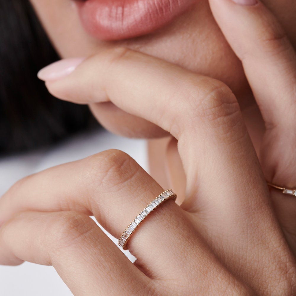 Baguette Diamond Full Eternity Ring in 14k Solid Gold / Stackable ...