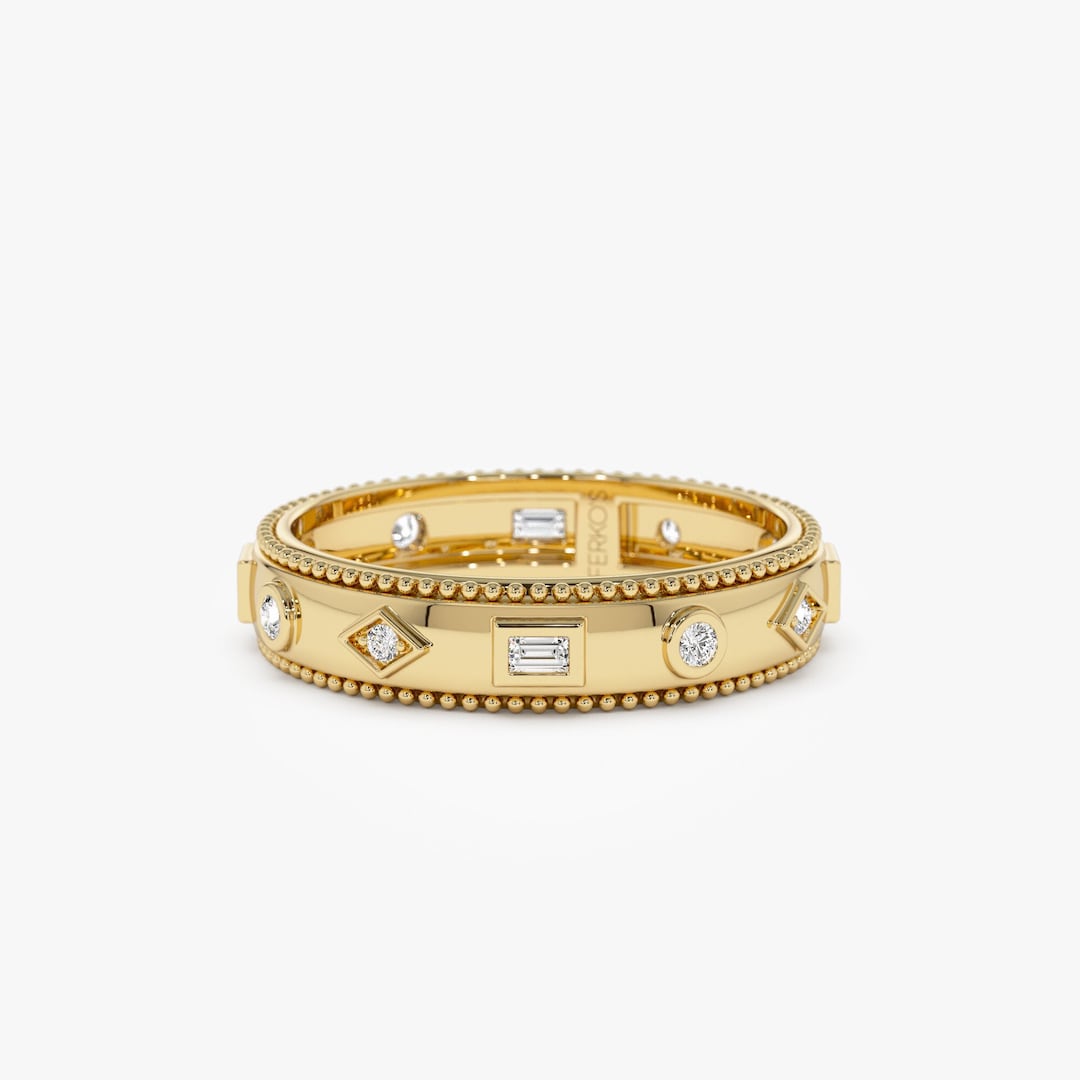14k Gold Mixed Shape Diamond Anniversary Band With Milgrain Edges